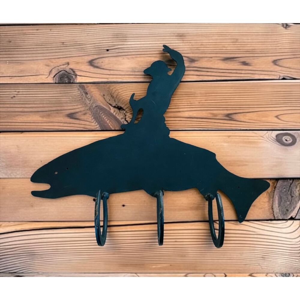 Unique Handmade Black Metal Cowboy & Trout Bronco Horseshoe Hook Wall Art